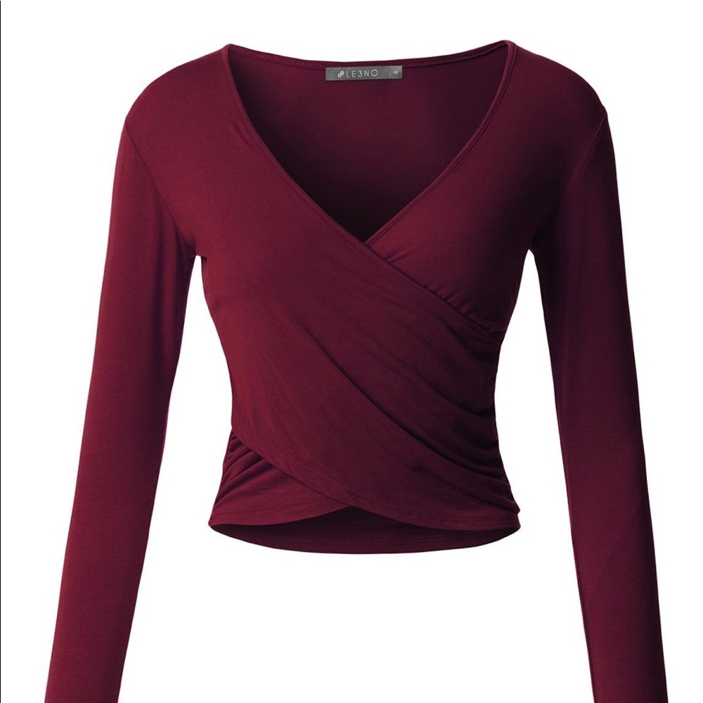 Fitted Wrap V Neck Long Sleeve Crop Top